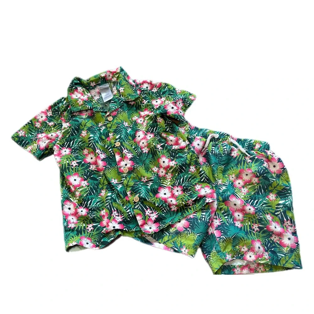 Little Lad Tropical Floral Shirt and Shorts Set Kids 3T Green‎ Pink Excellent